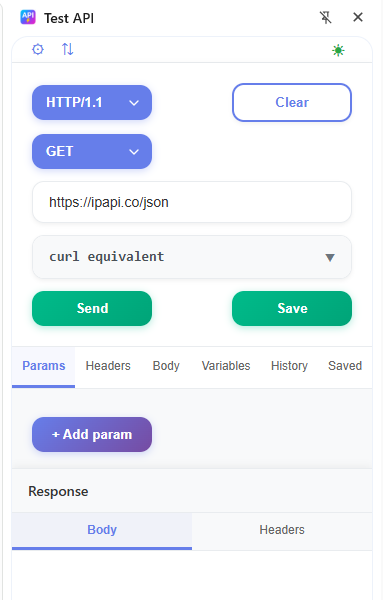 Test API Chrome extension main interface showing HTTP request form with method selector, URL input, and parameter tabs