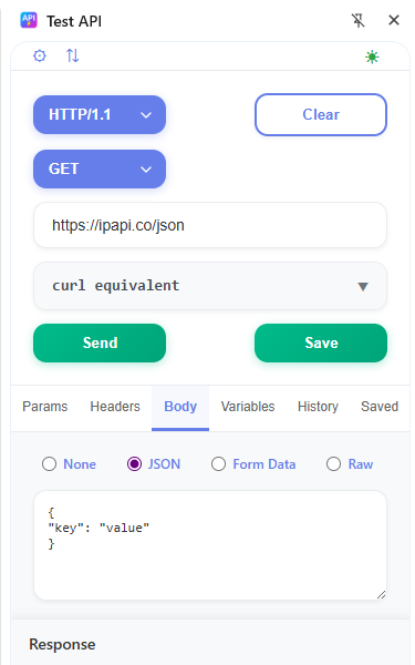 JSON body editor with syntax highlighting for testing POST and PUT API requests